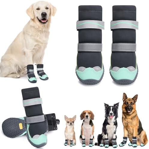 SlowTon Dog Shoes - Waterproof Dog Snow Boots for Winter, Warm Booties with Non-Slip Rubber Sole, Reflective Paw Protector for Large Small Medium Dogs Walking on Winter Cold Pavements Rain (Green, 6)