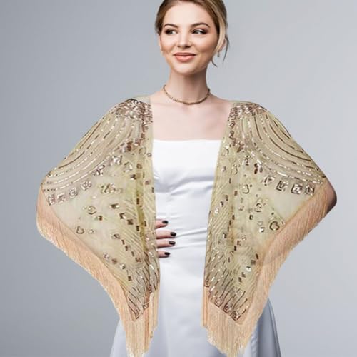 1920s Sequin Beaded Shawl Wraps, Sequin Cloak Retro Cloak Party Banquet Carnival Dance Supply Wrap, Fringed Evening Cape Scar4