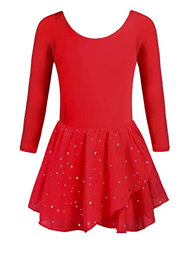 trudge Ballettanzug Kinder Mädchen Ballettkleid Rot Langarm Ballettkleidung Ballett Tanzkleid Tanzbody Mit Tütü Pailetten Ballerina Kleider 140/5-6...