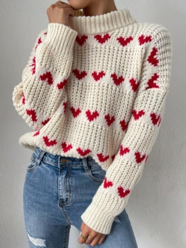 Image of ebossy Women's Cute Heart Cable Knit Pullover Mock Neck Long Sleeve Loose Sweater Top (L, Beige)