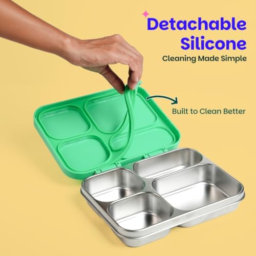 Image of Basil Bento Ace 4C Stainless Steel Lunch Box for Kids | 4 Compartment Leakproof Tiffin Box for Teens & Adults | BPA-Free, Easy-to-Open School Lunch Box | Retro Stack
