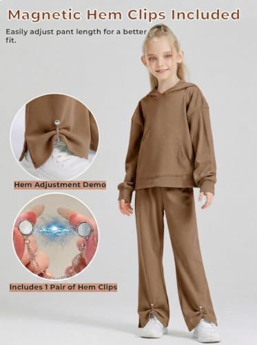 Image of Girls 2 Piece Hoodie Bell Bottom Sweatsuit Fall Outfit Set | Long Sleeve,front pocket,side-slit flare,machine washable,soft rayon-blend,skin-friendly,stretchy,durable