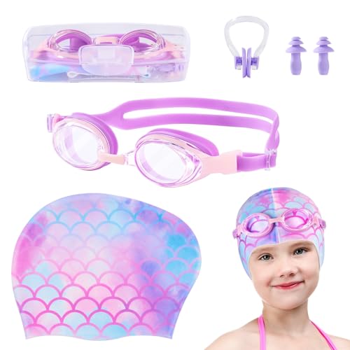 Image of Girls Unicorn Swim Cap and Goggles Set Toddler Waterproof Bathing Pool Swimming Caps Comfortable Kids Mermaid Unicorn Swimming Hats for Long and Short Hair (Mermaid Set)