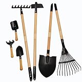 POMIKU Kids Garden Tools, Rake and Shovel Set, 7 Pieces Gardening Tools for Yard, Beach, Camping Play, Outside Toys for Kids Ages 3 up Gift