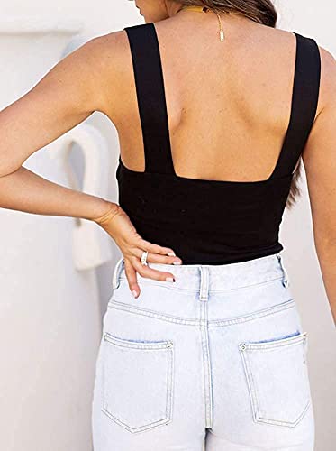 Oten Womens Sleeveless Square Neck Cami One Piece Bodysuit Leotard Tank Top Ribbed Jumpsuits Clubwear Black Large #TOP2