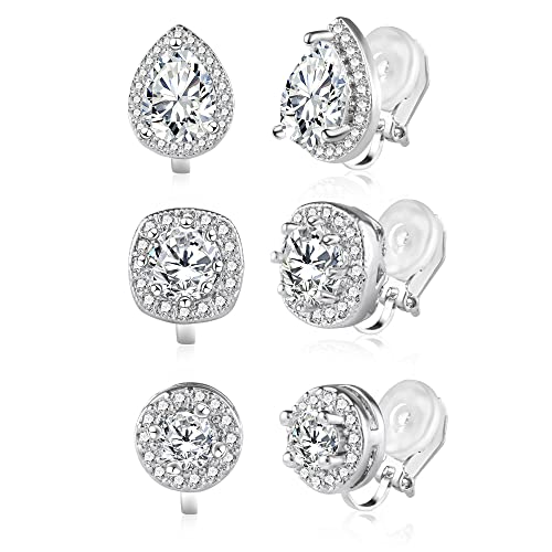 Image of Clip On Earrings for Women CZ Silver Ear Cuffs Teardrop Earrings 3 Pairs
