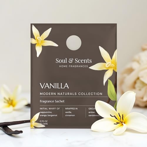 Image of Soul & Scents Vanilla Fragrance Sachet | A Blend of Cappuccino & Warm Vanilla | Long-Lasting Air Freshener for Car, Wardrobe, Kitchen, and Travel Bag | Pack of 3-20gm Each