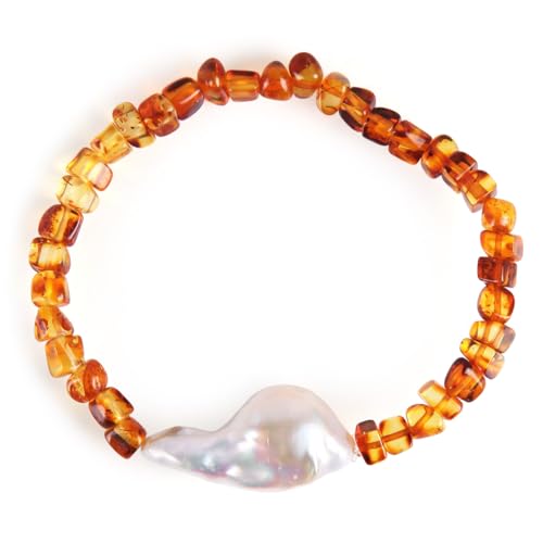 Natural baltic amber bracelet for women Freshwater cultured baroque pearls Certified amber jewelry