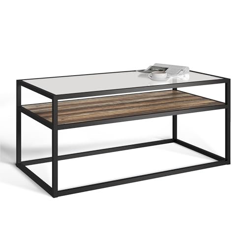 URBNLIVING Glass Display Top Coffee Table with Steel Frame Reversible Wooden Storage Shelf
