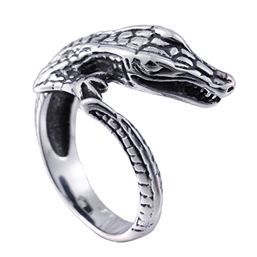 PAMTIER Herren Edelstahl Ring Krokodil Tier Wickeln Band Vintage Silber Schwarz Ton Größe 70 (22.3)