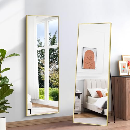 BONEWEI Espejo de Pie 161 x 52 cm, Espejo Rectángulo de Cuerpo Entero con Marco de Aluminio Dorado,...