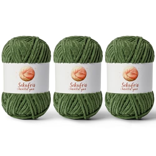 Image of Chenille Yarn for Crocheting, Size 5 Bulky,3 Army Green