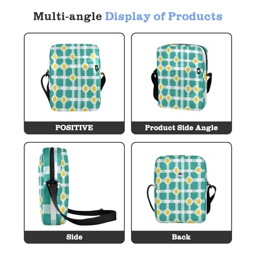messenger bag crossbody cross body bag Croos Body Purses Adjustable Strap for Shopping Shopping- Squares Turquoise White Sunflower4