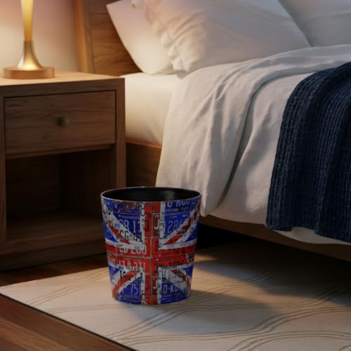 Image of PU Leather Small Trash Can Wastebasket, Round Garbage Container Basket for Bathrooms, Laundry Room, Kitchens, Offices, Kids Rooms, Bedrooms,Dorms,Home Decorative Art Bin, 2.9 Gallon (Union Jack)
