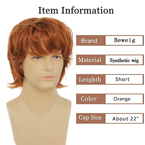 Beweig Mens Orange Wig - Short Layered Fluffy Natural Synthetic Heat Resistant Halloween Cosplay Wig - 1 Count - Image 3
