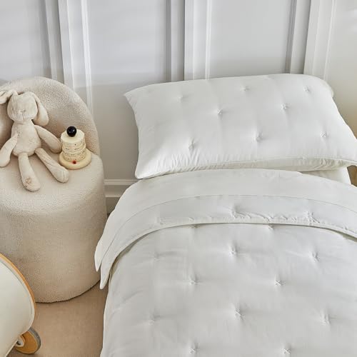 Image of DuShow White 4 Pieces Toddler Bedding Set for Boys Girls,Embroidery Microfiber Crib Bed Sheets Set Soft Boho Comforter Set Bed in a Bag, Include Quilted Comforter,Flat Sheet,Fitted Sheet,Pillowcase