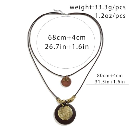 Long Boho Necklaces for Women Stacking Leather Cord Wooden Disc Pendant Necklaces Choker Vintage Adjustable Trendy Necklace Jewelry Gift3