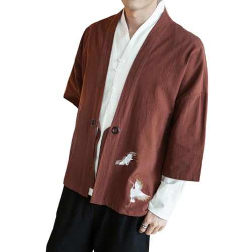 Men's Vintage Kimono Cardigan Cotton Linen Wrap Front Japanese Jinbei Haori Jacket Loose Fit Solid Color3