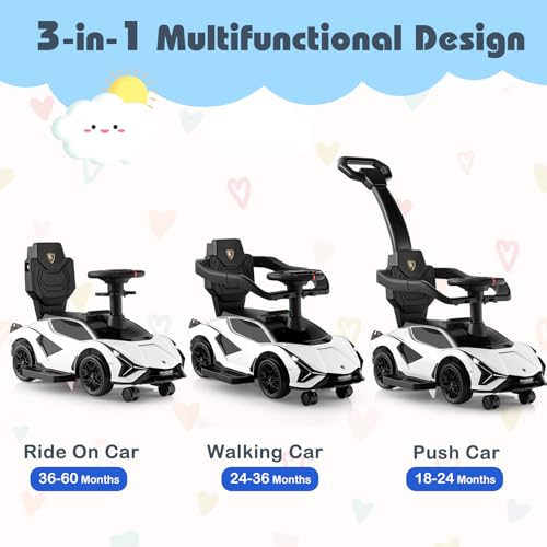 SOARS Lamborghini Rutschauto, Rutschfahrzeug mit Abnehmbarer Schiebstange, Universalrädern, Stauraum, Scheinwerfern, USB-Anschluss, Musik, Spielzeugauto für Kinder ab 1 Jahr (Weiß) – Bild 5