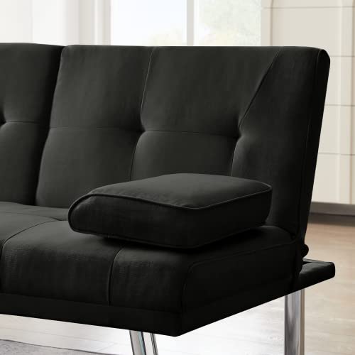 Anwickmak Convertible Folding Futon Sofa Bed, Fabric Linen Upholstered Modern Couch Loveseat Sleeper, Folding Daybed Guest Bed, Removable Armrests, 2 Cup Holders, Metal Legs (Black) #TOP5