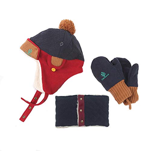 LeafIn ニット帽 キッズ 飛行帽 パイロット パイロットキャップ ベビー 帽子 子供 耳あて 防寒 ポンポン 女の子 男の子 春 秋 冬 (L(51-54cm), 3点セット-ネービー/レッド)