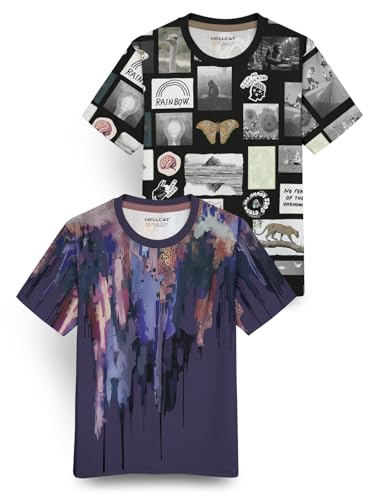 Image of HELLCAT Trendy Front & Back Graphic Printed Cotton Blend Half Sleeve Premium Round Neck Tshirt for Boys - Pack of 2