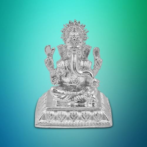 Image of MAA SILVER Pure Silver Ganesha Ganpati ji BIS Hallmarked Solid Idol /Murti with Designer Square Base Paat Perfect for Gifting & Pooja Use (925 Purity)(60 Grams Silver)