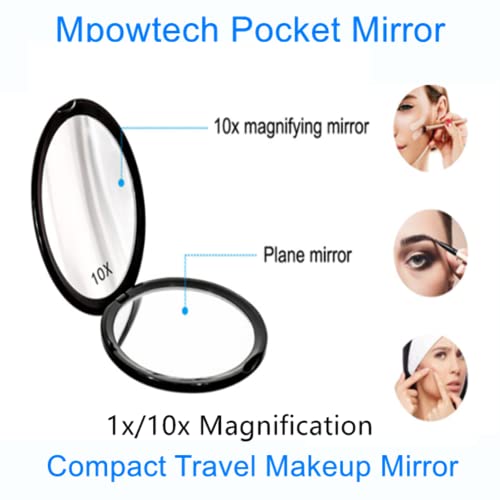 Mpowtech Magnifying Compact Mirror, 1X/10X Magnification Travel Makeup Mirror - Pocket Mirror For Handbag Purse - Handheld 2-Sided Portable Mirror,Compact Mirror For Gift(1X/10X-Black-Round) #TOP3