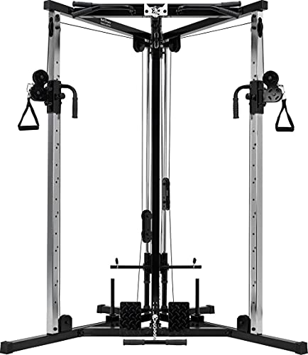 Bad Company Kabelzugstation mit umfangreichem Zubehör für unterschiedliche Griff-Aufsätze I Kompakte Cross-Over Kabelzugbrücke inkl Klimmzugstange für das Homegym I BCA-138  Schwarz