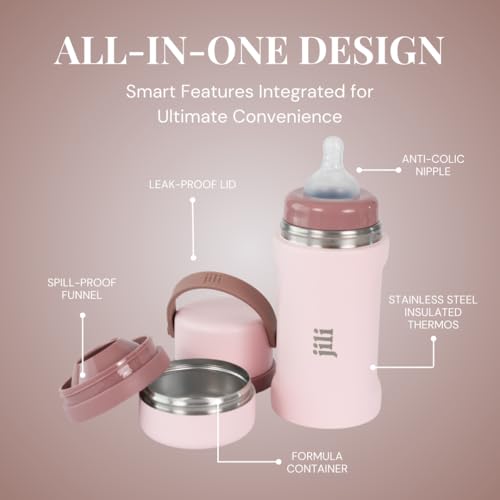 Image of Jili All-in-One Baby Bottle, Insulated Stainless Steel Bottle with Formula Container, Anti-Colic Nipple, and Leak-Proof Lid, Baby Essentials for Travel, BPA and Phthalates-Free, Rose, 8 oz.