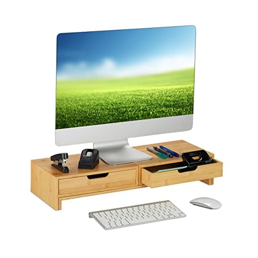 Relaxdays Soporte 2 Monitores, Elevador Pantalla Ordenador con Cajón, Bambú, Base Laptop 11x107x22 cm, Madera Natural, 90% 10% Tablero de Fibra