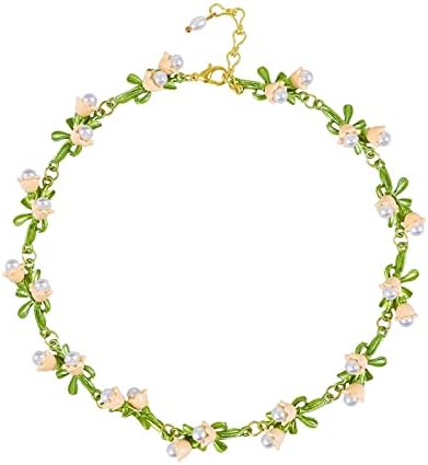 XERYOW Lily of the Valley Choker White Floral Leaf Necklace Alloy Lily Valley Green Necklace for Women Bride Wedding Girls (D)