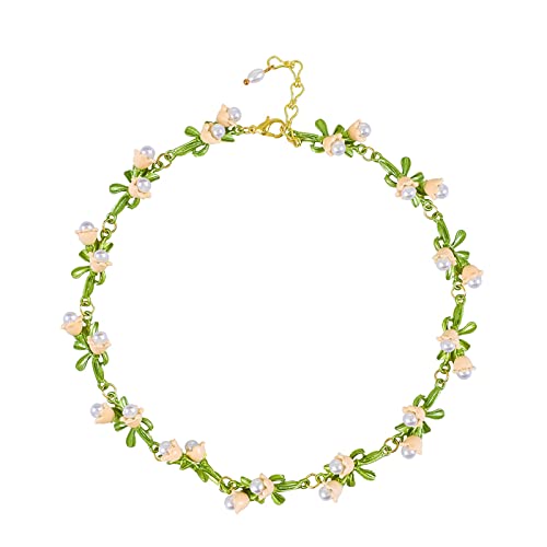 Xeryow Lily Of The Valley Choker White Floral Leaf Necklace Alloy Lily Valley Green Necklace For Women Bride Wedding Girls (D) #TOP1