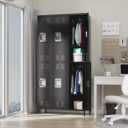 GarveeHome 6 Doors Metal Office Storage Cabinet, Metal Lockers for Employees with 12 Hooks and 6 Shelves, 72 Inch Tall Steel Storage Cabinet Locker for Home, Office, Gym, School, Black
