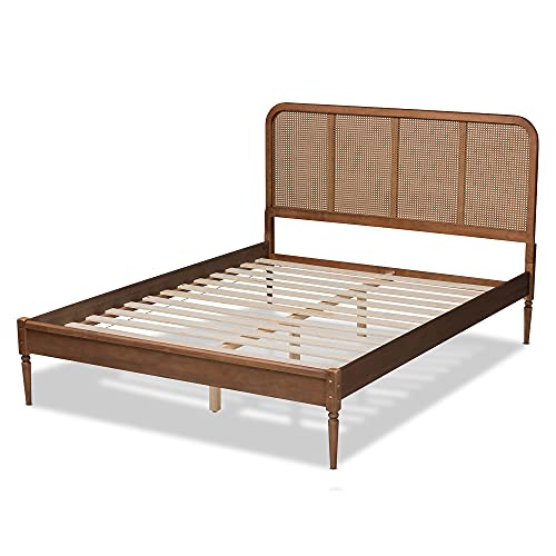 Baxton Studio Elston Mid-Century Modern Walnut Brown Finished Wood And Synthetic Rattan Full Size Platform Bed #TOP2