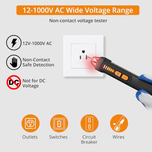 Image of Neoteck 12-1000V AC Non-Contact Voltage Tester Detector with Led Flashlight Buzzer Alarm Live /Null Wire Judgment- Black