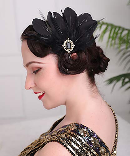 Pinza para cabello estilo años 20 con plumas negras y cristales miniatura 1