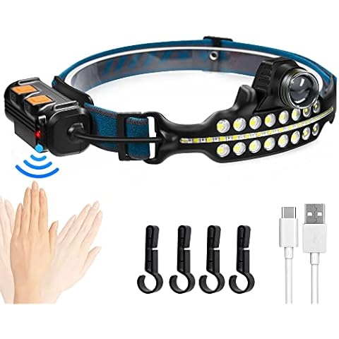 DARKBEAM LED Headlamp Rechargeable Bright Hardhat Light COB Floodlight Red Lens Head Flashlight, Waterproof Headlight, Motion Sensor, Lightweight Head Lamp for Camping, Repair, Fishing, with Clip Cover