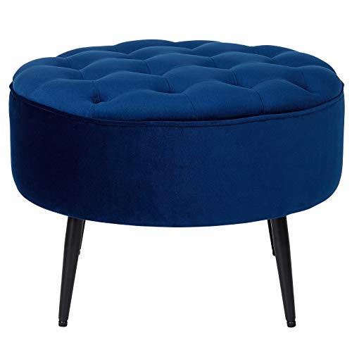BIRDROCK HOME Tufted Round Ottoman - Mid-Century Modern Upholstered Velvet Foot Rest with Steel Legs - Soft Padded and Decorative Footstool, Accent or Vanity Chair for Living Room or Bedroom (Navy)