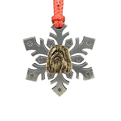 Handcrafted Gold Plated Lhasa Apso Dog Head Hanging Snowflake Ornament for Decorating Holiday Wreaths and Christmas Trees - Made in United States - SKU DG116SF