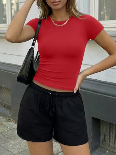Image of Trendy Queen Womens Short Sleeve Crewneck Basic Stretchy Crop T-Shirts 2026 | Buttery Soft Skin Feel, Non See Through, Gym to Street, Chic Layering Base, Summer Clothes