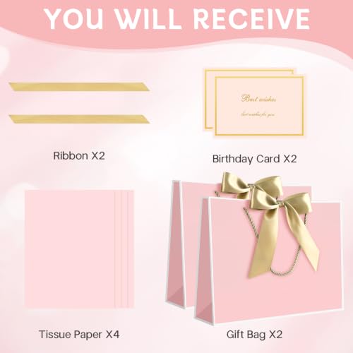 Image of JMANNI Gift Bags with Handles, 13 inch Medium Gift Bag for Presents, 2 Pcs Bags with 4 Tissue Paper and 2 Cards for Baby Shower Wedding Bridal Shower Mother's Day Birthday Party (Pink-white)