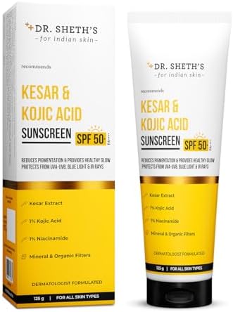 Dr. Sheth's Kesar & Kojic Acid Sunscreen SPF 50+ Pa++++ | With 2% Kojic Acid | For Pigmentation-Free Skin | Lightweight & Non Greasy | For UVA/UVB & Blue Light & IR Protection | No White Cast | For All Skin Types | For Men & Women | 125 g