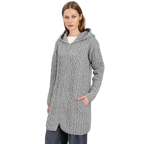 Image of SAOL 100% Merino Wool Aran Irish Cardigan for Women with Pockets, Hood and Celtic Zipper