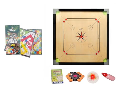 Image of WRF Superior Matte Finish Practice Carrom Board for Serious Professional Practice with Coins Striker and Powder Black New (32 inch Cut Carrom with Vixen Ludo)