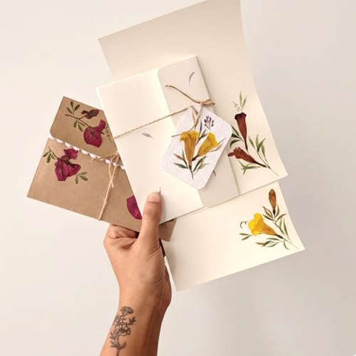 Image of PetalsByShweta, Pack of 4, A5 size pressed flower letter writing papers with Envelopes . 2 brown & 2 White Kraft Paper Envelopes with writing papers | Notepads | Envelopes for cards | Pressed Flower Design | invitation writing paper | Thank you notes writing (Mogra white) (Pack of 4)