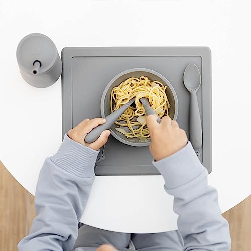 Image of ezpz Happy Bowl - 100% Food Grade Silicone Suction Bowl with Built-in Placemat for Toddlers + Preschoolers Promotes Baby Self-Feeding, Non-Slip, BPA Toxic Free, Microwave Safe - 24months+ (Grey)