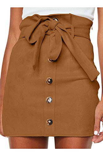 Meyeeka Faux Suede Clubwear for Women Retro High Waist Button Front Stretch Belted Mini Skirt Khaki