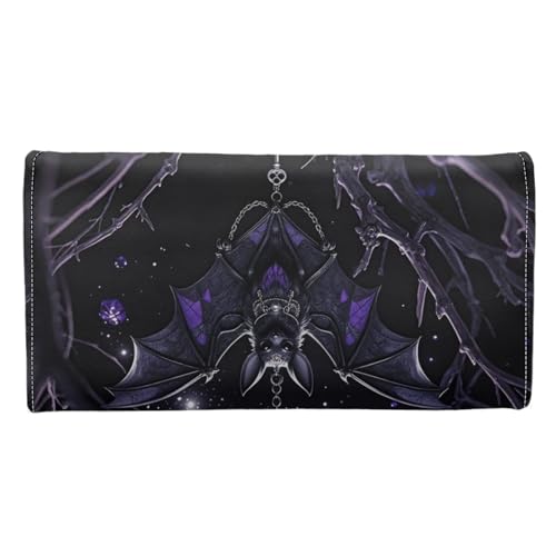 Night Black Bat Women's Trifold Wallet Card Slots Card Holder, Gothic Purple Bats Long Clutch Purse Checkbook Wallets for Ladies, Black3