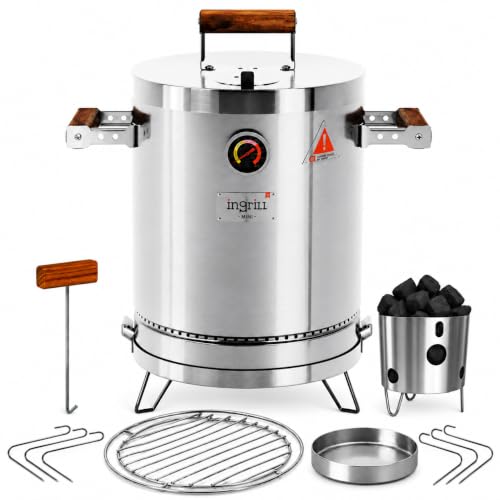 Charcoal Grills - Basic Mini 6 lbs - 3-in-1 Stainless Steel Ultra-Portable Charcoal Smoker for Outdoors Camping and Home BBQ - Vertical Smoker Barrel Grill with Thermometer & Accessories